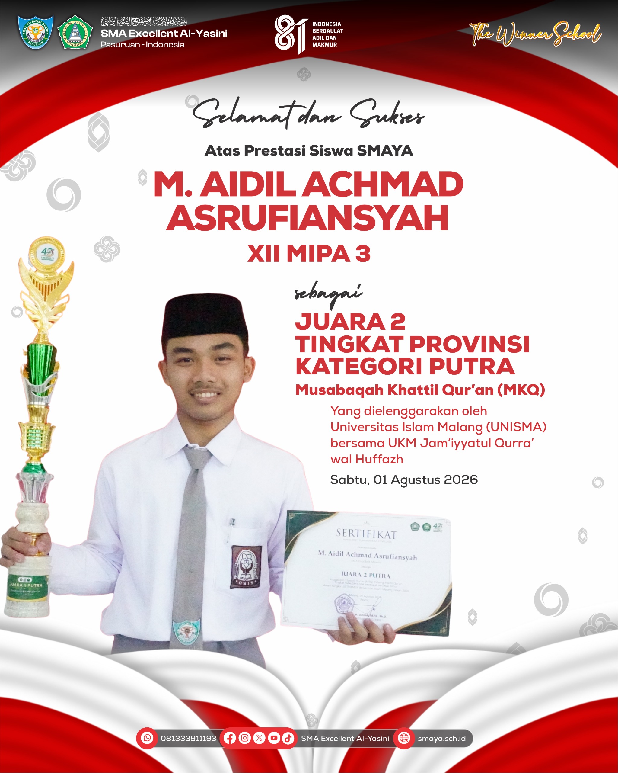 Siswa SMA Excellent Al-Yasini Raih Juara 2 Musabaqah Khattil Qur'an (MKQ) Tingkat Provinsi